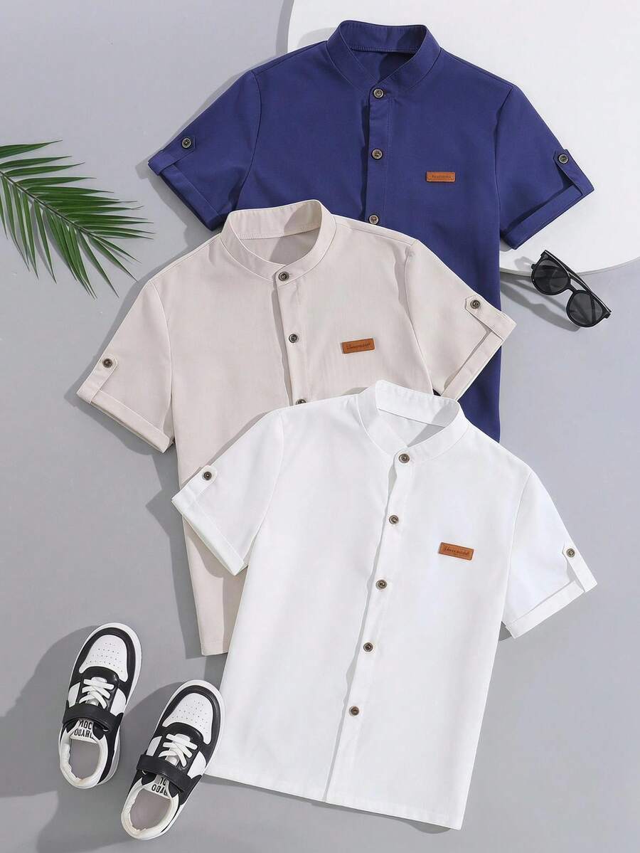 SHEIN 3pcs/Set Boys' Casual Multi-Color Collared Shirt, Suitable For Daily, Commute, Vacation Wear, Minimalist Texture, Comfortable - Multicolor - View 1