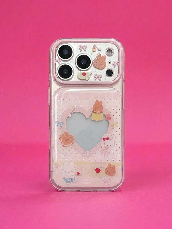 ShellaStory Transparent Bun Rabbit Pink Heart Epoxy Bun Rabbit Apple 17 Pm Phone Case Phone 16 Pro Girl Cartoon 15 Applicable 17 Full Cover Soft Edge Hard Shell Cute, Girl, Creative, Geometric, Cardigan, Fresh, Niche, Ins Style