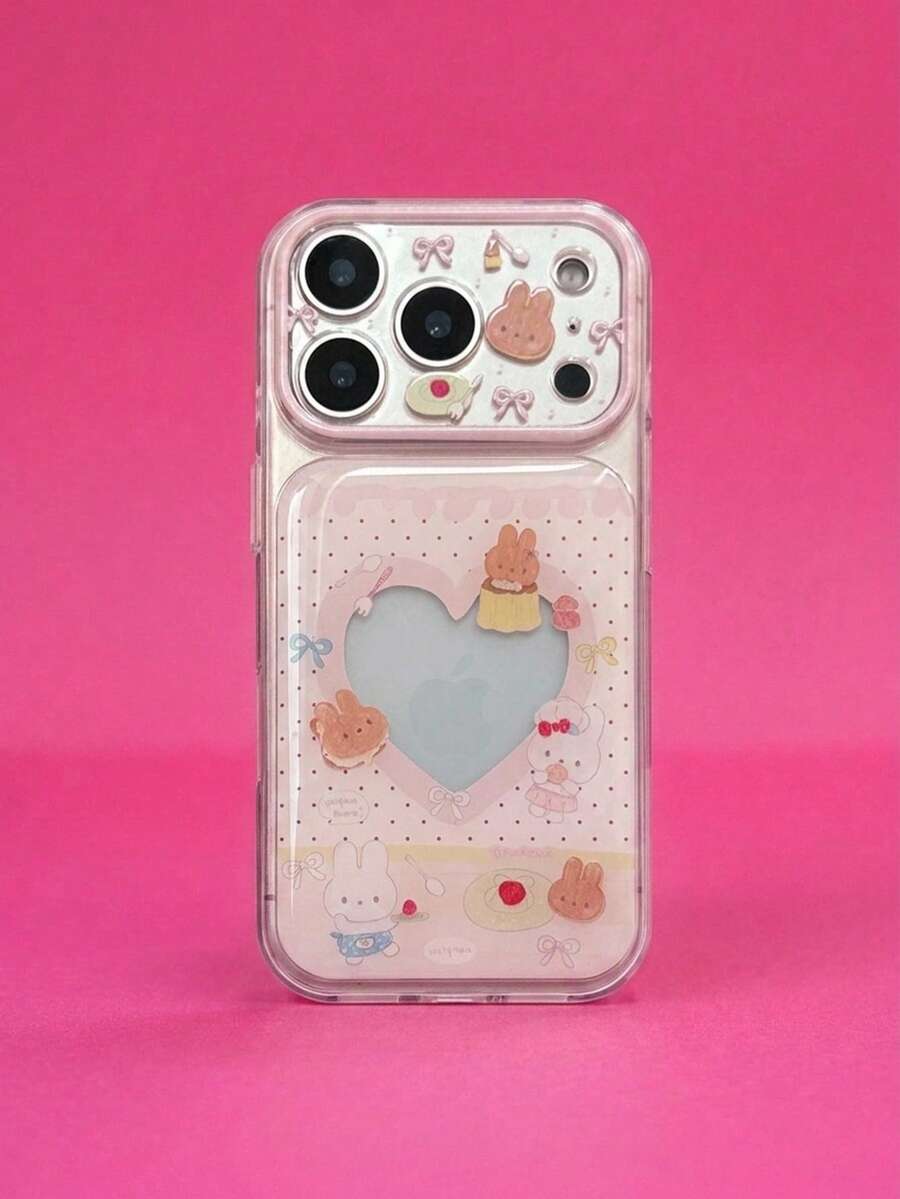 ShellaStory غطاء هاتف شفاف بتصميم أرنب وخبز وقلب وردي من الإيبوكسي وتفاحة، متوافق مع iPhone 17 PM وiPhone 16 Pro وiPhone 15، تغطية كاملة بحافة ناعمة وهيكل صلب، كرتوني لطيف للبنات، إبداعي هندسي، ستايل كارديجان منعش، نيش، ستايل إنستقرام