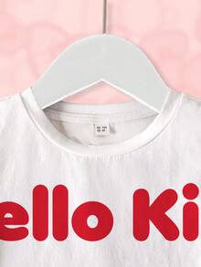 HELLO KITTY AND FRIENDS | SHEIN 女童圆领卡通字母印花休闲百搭日常短袖T恤 - 白色 - 查看 3