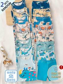 [2 Sets Random] 1 Set Baby Boy Snug Fit Pajamas Sleeveless & Shorts Summer Soft Knit Multi-Color Cartoon Animal Print - Multicolor - View 1