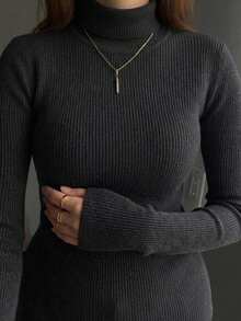 Dazy Plus Plus Size Solid Color Elastic Fitted Casual Elegant Versatile Black Turtleneck Long Sleeve Pullover Sweater, Autumn/Winter New - Black - View 1