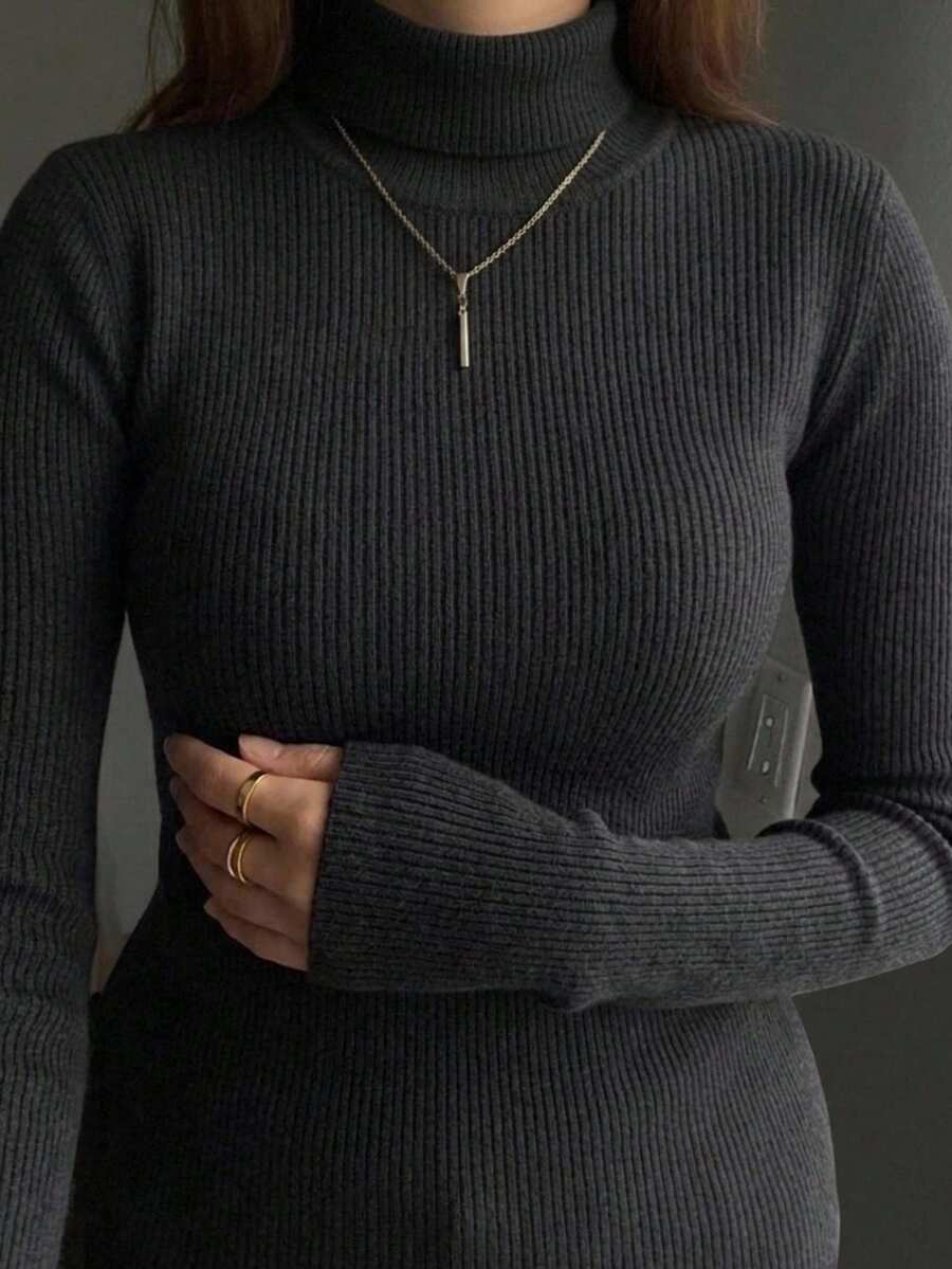 Dazy Plus Plus Size Solid Color Elastic Fitted Casual Elegant Versatile Black Turtleneck Long Sleeve Pullover Sweater, Autumn/Winter New - Black - View 1