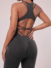 Radiana Women's Camisole Capris Backless Sports Jumpsuit Fitness & Gym  Running Yoga Pitalles Indoor Outdoor Active - Dark Grey - View 6