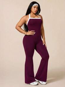 SHEIN Rhythm Era Women's Plus Size Sports Yoga Outdoor Gym One-Piece Jumpsuit Strapless Camisole Spaghetti Strap Contrast Color Straps Spaghetti Strap Style Leggings Flare Pants Tight Fit - Red Violet - View 7