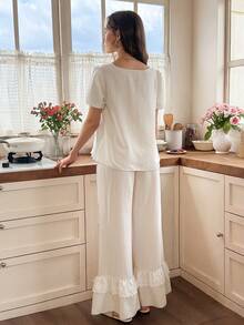Snug Reverie Women's Square Neck Embroidered Ruffle Short Sleeve Top And Long Pants Pajama Set - Apricot - View 2