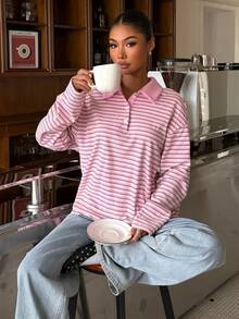 Muchica Pink Striped Thick And Comfortable Knitted Women's Polo Collar Long-Sleeved T-Shirt, Casual Top, Perfect For Back-To-School Season. - Pink - View 4