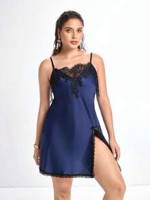 Slumbrini Mature Elegant Sexy Lace Camisole Satin Plus Size Nightgown - Royal Blue - View 4
