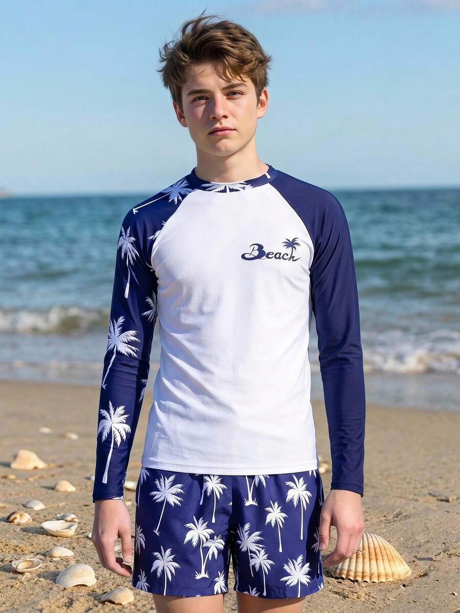 SHEIN Boy Blue And White Coconut Tree Print Long Sleeve Rash Guard Swimsuit Set,Quick Drying Sunscreen Beachwear For Teens,Summer,Beach Vacation,Holiday - Navy Blue - View 1