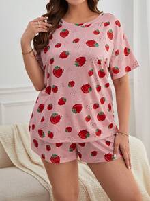 Plus Strawberry Print Tee & Shorts PJ Set / Pajama Set - Watermelon Pink - View 5