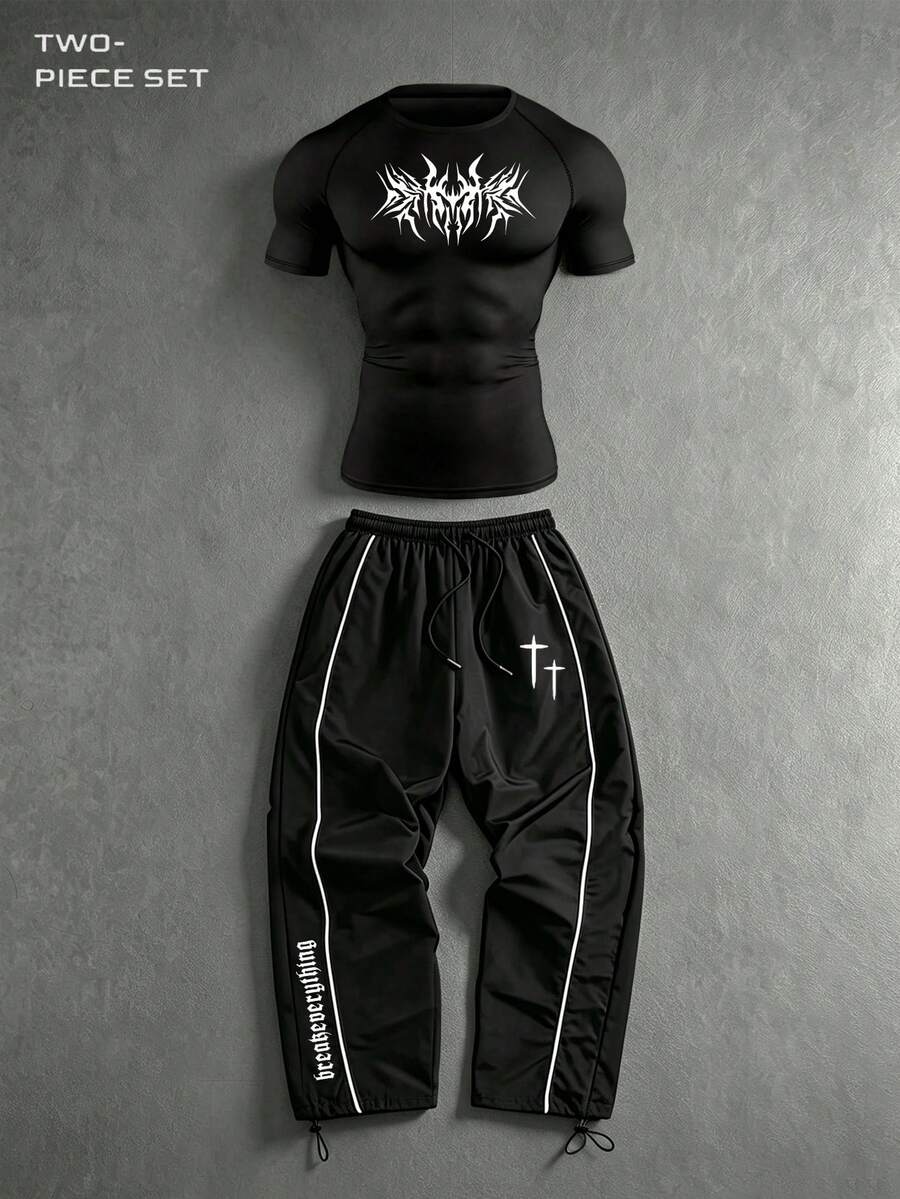 Gym Rark 男士哥德風印花短袖T恤與抽繩腰運動褲套裝 - 黑色 - 查看 1