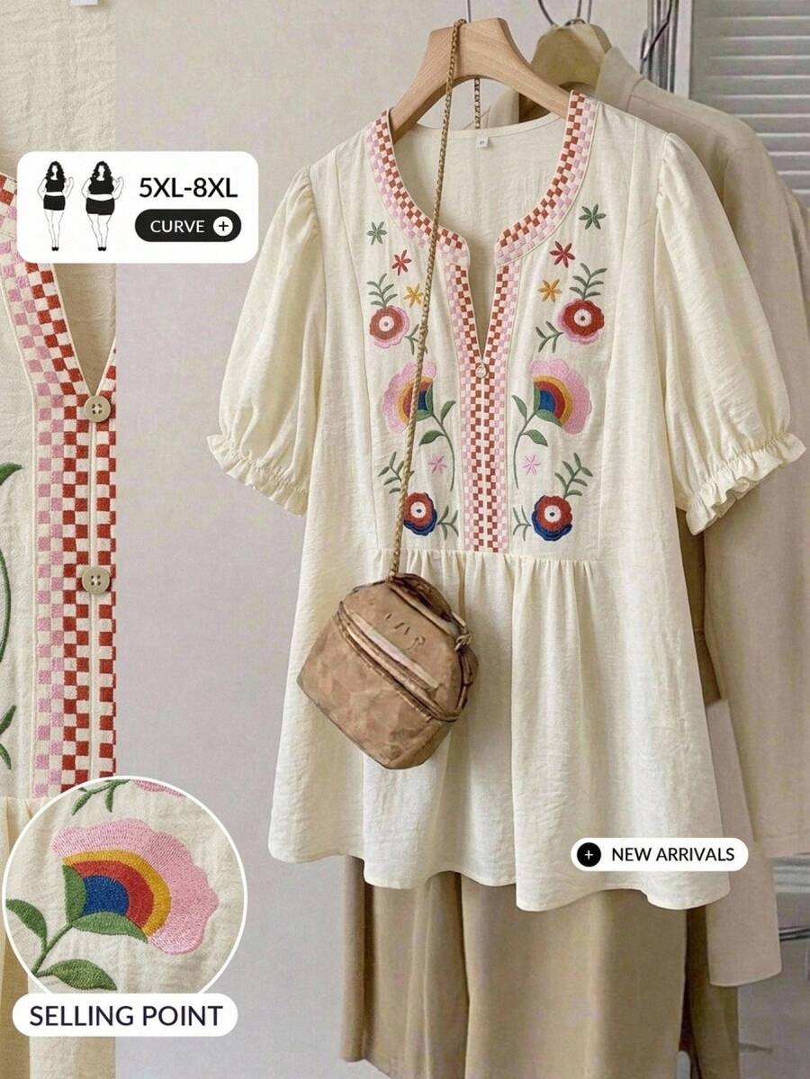 SHEIN CURVE+ 大尺碼花卉刺繡優雅度假風T恤 - 杏色 - 查看 1