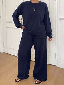 Dazy Plus Minimalist Cute Cartoon Print Raglan Sleeve Loose Fit Loungewear Plus Size Women's Pajama Set Spring Summer - Navy Blue - View 5