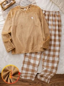 Conjunto de 2 piezas de ropa de estar en casa para adolescentes, top de manga larga a cuadros color albaricoque y pantalones largos, estilo minimalista casual, forrado de felpa y engrosado, para otoño/invierno - Caqui - Ver 4