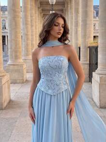 Poshira Women's Sequin Patchwork Chiffon Halter Neck Long Ribbon Cocktail Dress - Blue - View 4