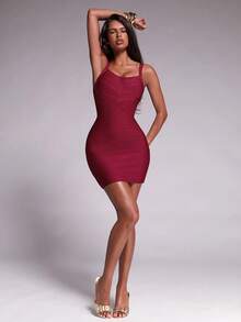 Nuvra Bandage Fabric Waist-Cinching Sexy Fashion Elegant Party Night Out Club Dress Burgundy Red Summer - Burgundy - View 4
