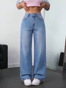 SHEIN EZwear 大尺碼女款休閒口袋直筒牛仔褲 正式校園大學風 天藍色 夏季 - 淺色水洗藍 - 查看 5