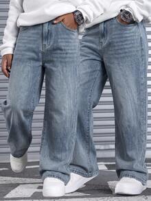 SHEIN Teen Boy Casual Washed Straight Leg Jeans - Light Wash - View 1