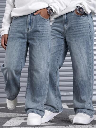 SHEIN Jeans rectos casuales lavados para adolescentes