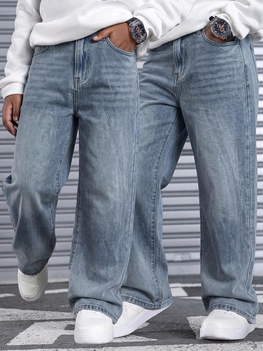SHEIN Teen Boy Casual Washed Straight Leg Jeans - Light Wash - View 1
