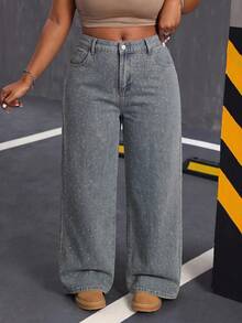 Slaydiva Plus-Size Women's Loose Wide-Leg Casual Denim Jeans (Black-Grey) With Rhinestone-Embellished Pockets Autumn Women Fall/Winter Pants - Medium Wash - View 5