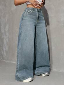 SHEIN Tall 女款時尚百搭鈕扣口袋寬鬆寬腿牛仔褲 - 淺色水洗藍 - 查看 4