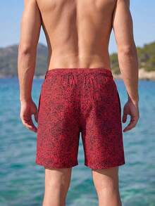 Manfinity Swimmode 男士時尚休閒全印花沙灘短褲 - 酒紅色 - 查看 2