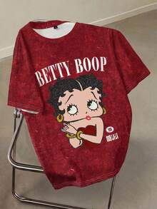 Betty Boop x SHEIN 大码女式休闲日常通勤时尚街头卡通人物字母印花宽松T恤，夏季 - 白色 - 查看 1