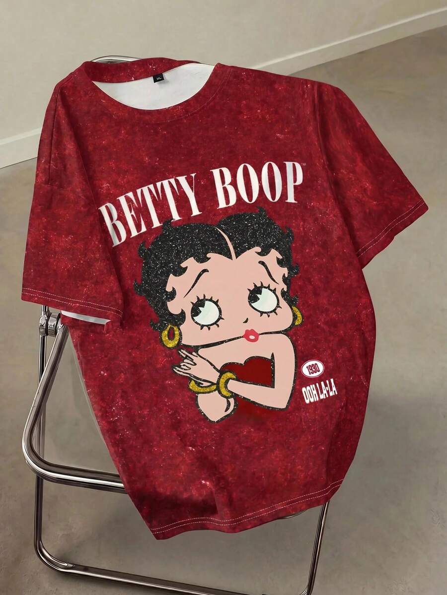 Betty Boop x SHEIN 大码女式休闲日常通勤时尚街头卡通人物字母印花宽松T恤,夏季 - 白色 - 查看 1