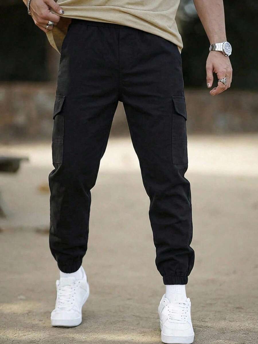 SHEIN Teen Boy Teen Boy Casual Black Jogger Cargo Pants For School Outdoor Travel Autumn/Winter - Black - View 1