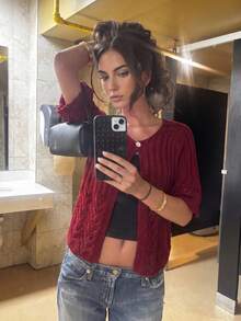 Flora Isola Flora Isola Spring/Summer Elegant Mature Style Knitted Cover Up, Round Neck Mid-Sleeve Single-Breasted Hollow Vertical Stripe Cropped Shrug, Versatile French Style Outer Layer For Daily Commute, Dating, Vacation, Layering, Women's Cardigan - Burgundy - View 6