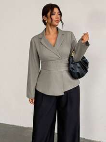 Firerie Plus Size Women's Solid Color Pleated Casual Smart Commute Teachers' Day Blazer Jacket Elegant Office Formal Business Suit Fall Going Out Grey - Khaki - View 5