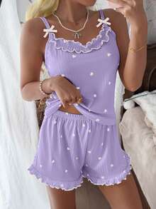 CottageSlumber Women's Ribbed Velvet Camisole & Shorts Pajama Set With Ruffle Trim, Small Bows And Romantic Heart Design - Purple - View 1