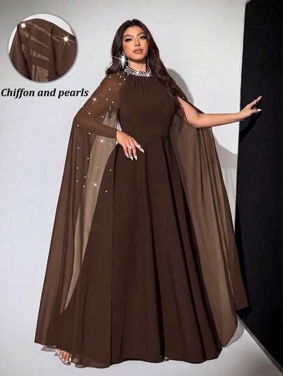 Viva Relle Plus Size Women's Elegant Romantic Luxurious Diamond Decor Chiffon Cape Dress, Autumn/Winter Fall