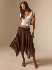 Athîral Falda elegante de mujer de gasa marrón con ribete de encaje, dobladillo asimétrico y volantes, ropa de verano y otoño, para salir, citas, falda marrón, maestra, concierto country, vaquera - Café integral - Ver 1