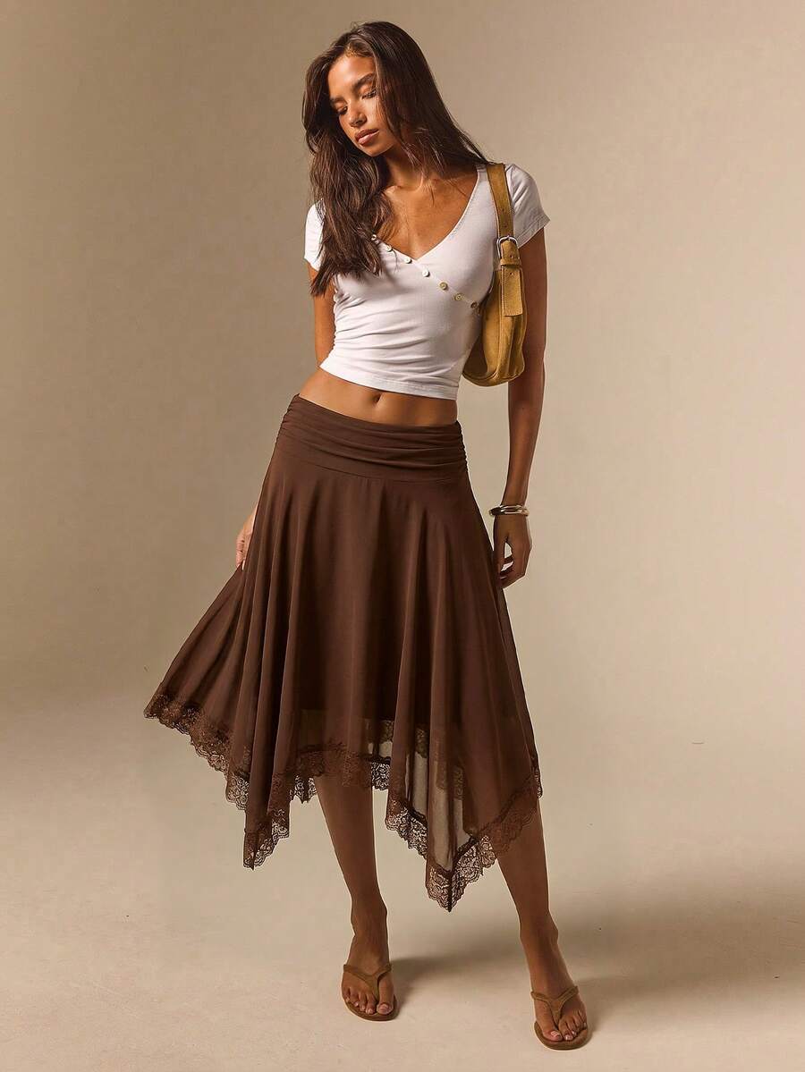 Athîral Falda elegante de mujer de gasa marrón con ribete de encaje, dobladillo asimétrico y volantes, ropa de verano y otoño, para salir, citas, falda marrón, maestra, concierto country, vaquera - Café integral - Ver 1