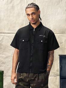 Norleigh Men's Letter Print Turndown Collar Zip-Up Casual Commuter Short Sleeve Shirt - Black - View 1