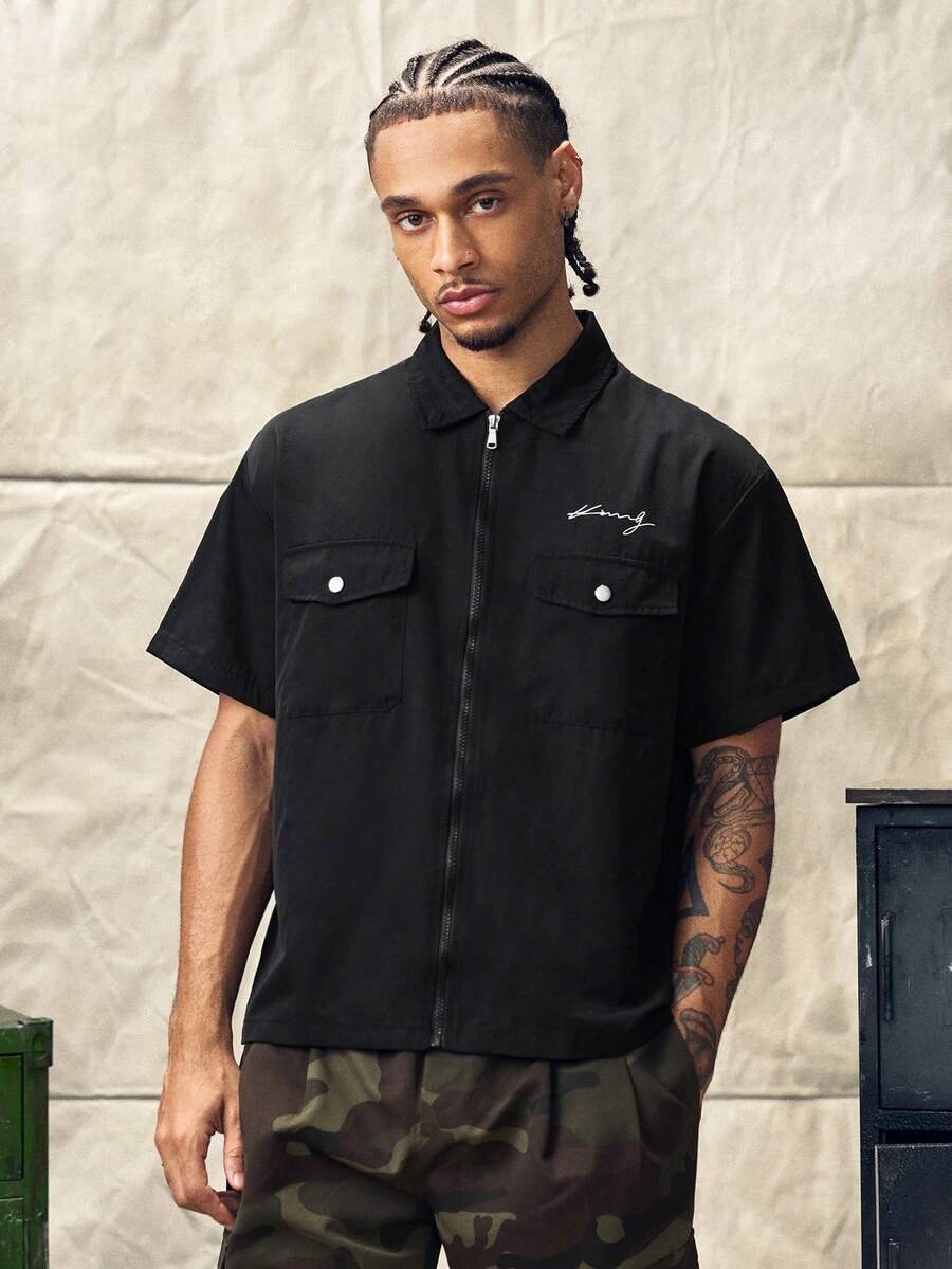 Norleigh Men's Letter Print Turndown Collar Zip-Up Casual Commuter Short Sleeve Shirt - Black - View 1