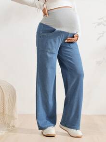 SHEIN Adjustable Waist Casual Daily Straight Leg Denim Jeans For Pregnant Women - Medium Wash - View 3