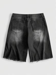 ROMWE MEN Goth 男士水洗做舊寬鬆休閒直筒百搭牛仔短褲 - 黑色 - 查看 2