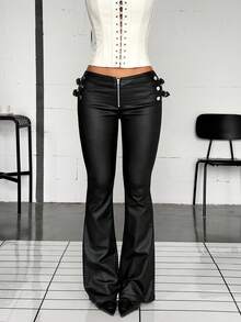 Jeanoix Y2K Women's Fashion Low Waist Flare Leg Pants - Black - View 1