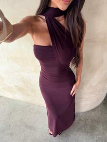 Aloruh 女款優雅性感深紫色修身網紗長洋裝，波浪領，優雅派對洋裝，返校舞會洋裝，婚禮賓客派對洋裝 - 酒紅色 - 查看 5