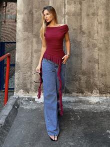 BiaLiraa Women's Casual Music Festival Off The Shoulder Mesh Ruffle Asymmetrical Hem Tops Summer - Burgundy - View 4