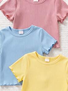 SHEIN [3件組]4-7歲女童，溫柔甜美風/清新百搭風 素色荷葉邊短袖輕便T恤，日常穿著/校園穿搭/春夏秋季女童服飾 - 彩色 - 查看 3