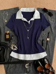 Attitoon 女款休閒修身 Polo 短袖 T 恤，夏季穿搭，Y2K 風格，復古優雅通勤開學穿搭衣 - 彩色 - 查看 8