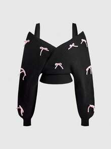 ROMWE Kawaii Plus Size Casual Bow Decor Deep V Off-Shoulder Pullover Sweater - Black - View 1