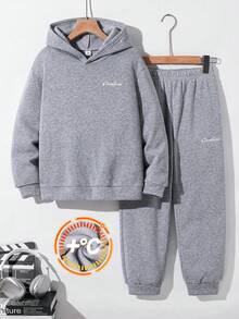 SHEIN 兒童青少年男孩字母印花保暖內裡秋冬連帽衛衣與運動長褲套裝 - 深灰色 - 查看 2