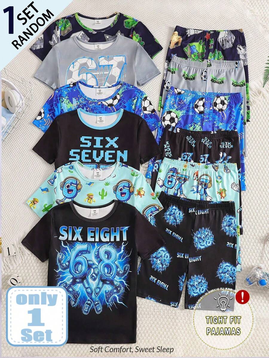 Tween Boy Snug Fit Pajama [6 Sets Randomly Send 1 Set]Boys Short Sleeve Shorts Snug Fit Style New Arrival Popular Elements Baseball Cap Spaceship Starry Sky Football English Letters Headphones Game Console Racing And Other Cool Print Suitable For Boys To Wear Pajamas Loungewear Set - Multicolor - View 1