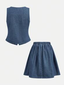 SHEIN Tween Girl Single-Breasted Top Kids And Elastic Waist Pleated Skirt Casual Daily Denim Set - Medium Wash - View 3
