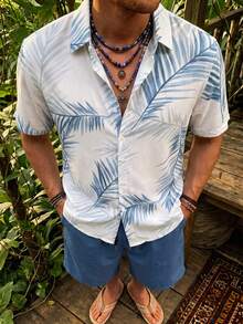 Genlund Plus Size Men's Tropical Plant Print Short Sleeve Shirt And Shorts Beach Outfit, Holiday - Blue - View 1